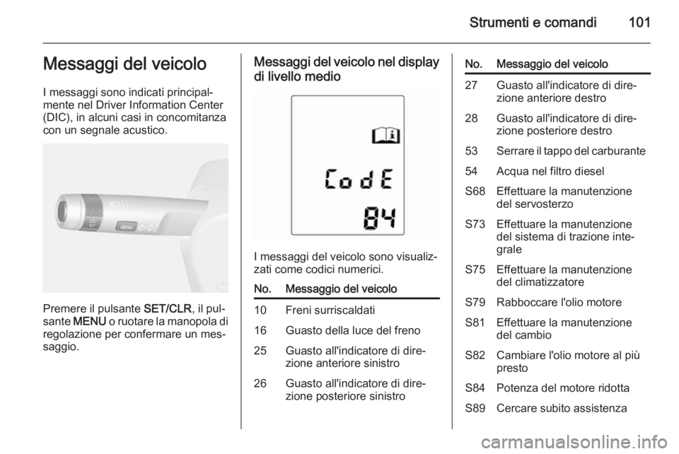 OPEL MOKKA 2014  Manuale di uso e manutenzione (in Italian) Strumenti e comandi101Messaggi del veicolo
I messaggi sono indicati principal‐
mente nel Driver Information Center
(DIC), in alcuni casi in concomitanza
con un segnale acustico.
Premere il pulsante 