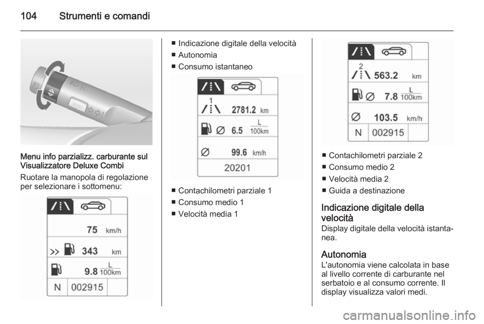 OPEL MOKKA 2014  Manuale di uso e manutenzione (in Italian) 104Strumenti e comandi
Menu info parzializz. carburante sul
Visualizzatore Deluxe Combi
Ruotare la manopola di regolazione
per selezionare i sottomenu:
■ Indicazione digitale della velocità
■ Aut