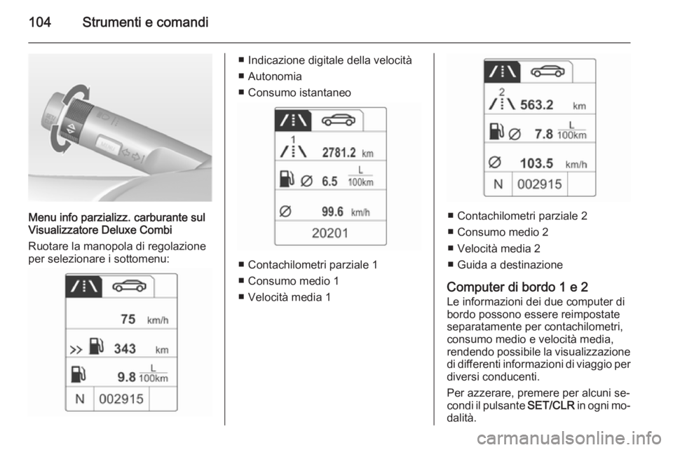 OPEL MOKKA 2014.5  Manuale di uso e manutenzione (in Italian) 104Strumenti e comandi
Menu info parzializz. carburante sul
Visualizzatore Deluxe Combi
Ruotare la manopola di regolazione
per selezionare i sottomenu:
■ Indicazione digitale della velocità
■ Aut