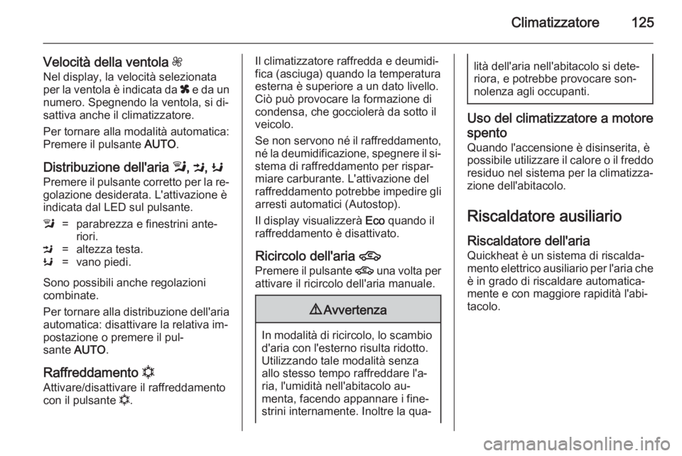 OPEL MOKKA 2014.5  Manuale di uso e manutenzione (in Italian) Climatizzatore125
Velocità della ventola Z
Nel display, la velocità selezionata
per la ventola è indicata da  x e da un
numero. Spegnendo la ventola, si di‐
sattiva anche il climatizzatore.
Per t