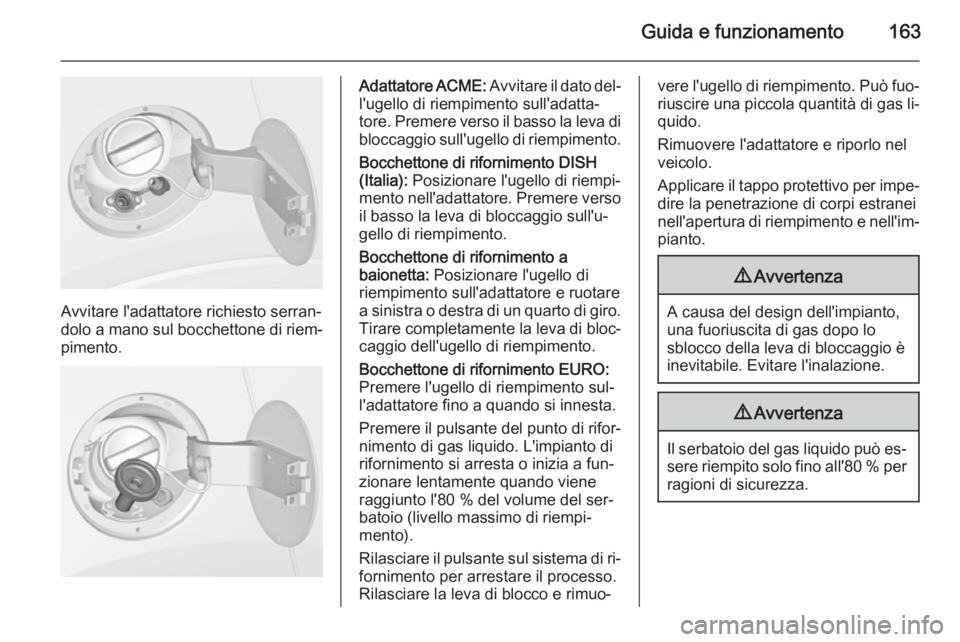 OPEL MOKKA 2014.5  Manuale di uso e manutenzione (in Italian) Guida e funzionamento163
Avvitare l'adattatore richiesto serran‐
dolo a mano sul bocchettone di riem‐
pimento.
Adattatore ACME:  Avvitare il dato del‐
l'ugello di riempimento sull'ad