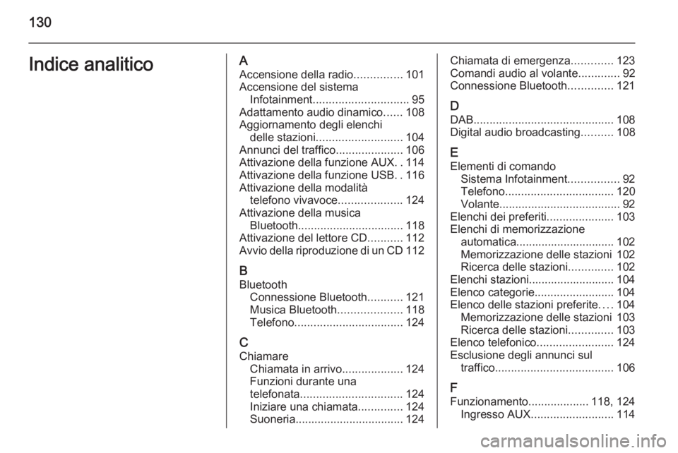 OPEL MOKKA 2015 Manuale del sistema Infotainment (in Italian) 130Indice analiticoAAccensione della radio ...............101
Accensione del sistema Infotainment .............................. 95
Adattamento audio dinamico ......108
Aggiornamento degli elenchi del OPEL MOKKA 2015 Manuale del sistema Infotainment (in Italian) 130Indice analiticoAAccensione della radio ...............101
Accensione del sistema Infotainment .............................. 95
Adattamento audio dinamico ......108
Aggiornamento degli elenchi del