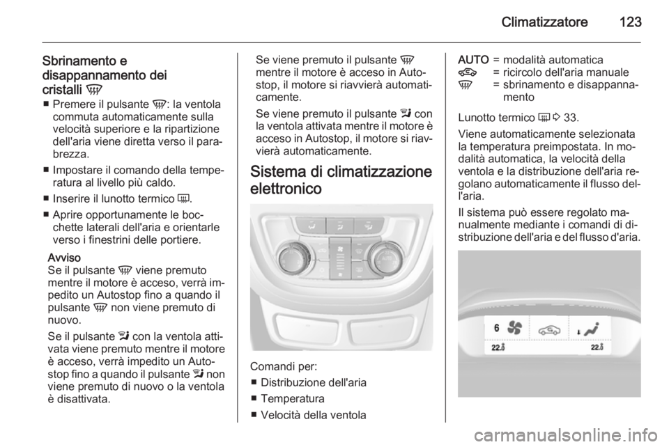 OPEL MOKKA 2015 Manuale di uso e manutenzione (in Italian) Climatizzatore123
Sbrinamento e
disappannamento dei
cristalli V
■ Premere il pulsante V: la ventola
commuta automaticamente sulla
velocità superiore e la ripartizione
dell'aria viene diretta OPEL MOKKA 2015 Manuale di uso e manutenzione (in Italian) Climatizzatore123
Sbrinamento e
disappannamento dei
cristalli V
■ Premere il pulsante V: la ventola
commuta automaticamente sulla
velocità superiore e la ripartizione
dell'aria viene diretta