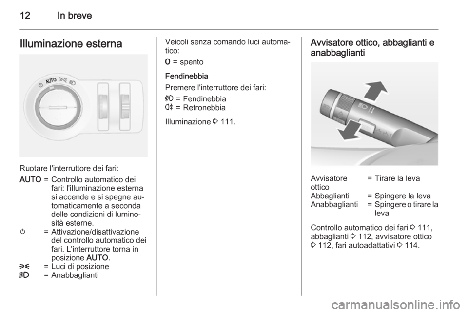 OPEL MOKKA 2015  Manuale di uso e manutenzione (in Italian) 12In breveIlluminazione esterna
Ruotare l'interruttore dei fari:
AUTO=Controllo automatico dei
fari: l'illuminazione esterna
si accende e si spegne au‐
tomaticamente a seconda
delle condizio