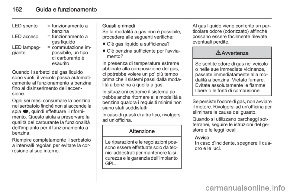 OPEL MOKKA 2015 Manuale di uso e manutenzione (in Italian) 162Guida e funzionamento
LED spento=funzionamento a
benzinaLED acceso=funzionamento a
gas liquidoLED lampeg‐
giante=commutazione im‐
possibile, un tipo
di carburante è
esaurito
Quando i serbatoi OPEL MOKKA 2015 Manuale di uso e manutenzione (in Italian) 162Guida e funzionamento
LED spento=funzionamento a
benzinaLED acceso=funzionamento a
gas liquidoLED lampeg‐
giante=commutazione im‐
possibile, un tipo
di carburante è
esaurito
Quando i serbatoi