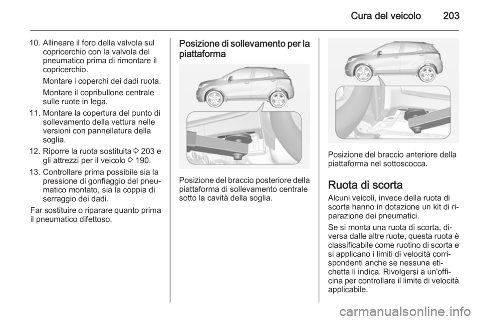 OPEL MOKKA 2015 Manuale di uso e manutenzione (in Italian) Cura del veicolo203
10. Allineare il foro della valvola sulcopricerchio con la valvola del
pneumatico prima di rimontare il
copricerchio.
Montare i coperchi dei dadi ruota.
Montare il copribullone cen OPEL MOKKA 2015 Manuale di uso e manutenzione (in Italian) Cura del veicolo203
10. Allineare il foro della valvola sulcopricerchio con la valvola del
pneumatico prima di rimontare il
copricerchio.
Montare i coperchi dei dadi ruota.
Montare il copribullone cen