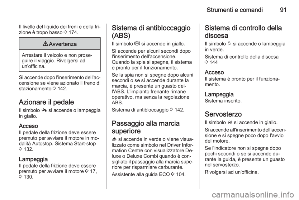 OPEL MOKKA 2015  Manuale di uso e manutenzione (in Italian) Strumenti e comandi91
Il livello del liquido dei freni e della fri‐
zione è tropo basso  3 174.9 Avvertenza
Arrestare il veicolo e non prose‐
guire il viaggio. Rivolgersi ad
un'officina.
Si a