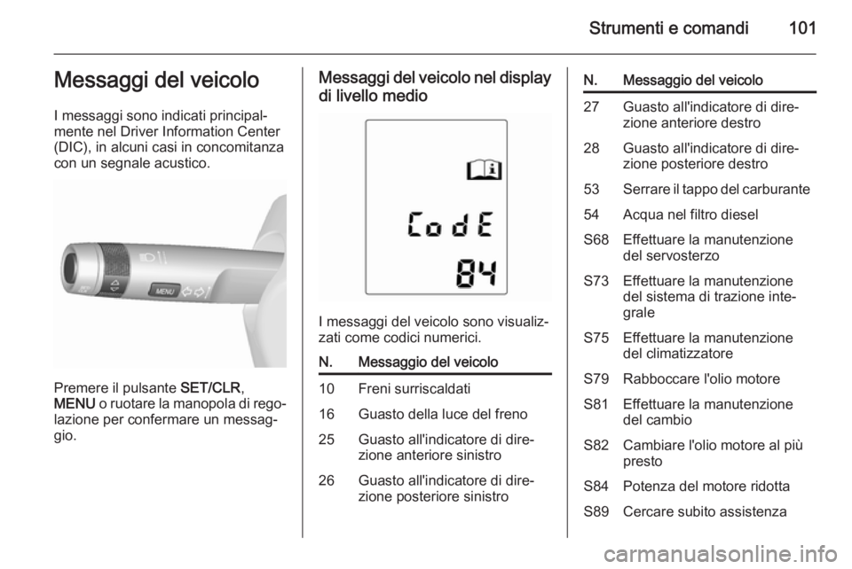 OPEL MOKKA 2015.5 Manuale di uso e manutenzione (in Italian) Strumenti e comandi101Messaggi del veicolo
I messaggi sono indicati principal‐
mente nel Driver Information Center
(DIC), in alcuni casi in concomitanza
con un segnale acustico.
Premere il pulsante OPEL MOKKA 2015.5 Manuale di uso e manutenzione (in Italian) Strumenti e comandi101Messaggi del veicolo
I messaggi sono indicati principal‐
mente nel Driver Information Center
(DIC), in alcuni casi in concomitanza
con un segnale acustico.
Premere il pulsante