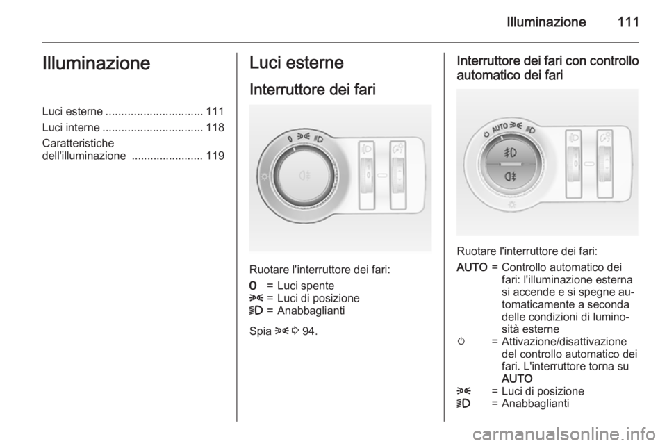 OPEL MOKKA 2015.5 Manuale di uso e manutenzione (in Italian) Illuminazione111IlluminazioneLuci esterne............................... 111
Luci interne ................................ 118
Caratteristiche
dell'illuminazione ....................... 119Luci e OPEL MOKKA 2015.5 Manuale di uso e manutenzione (in Italian) Illuminazione111IlluminazioneLuci esterne............................... 111
Luci interne ................................ 118
Caratteristiche
dell'illuminazione ....................... 119Luci e