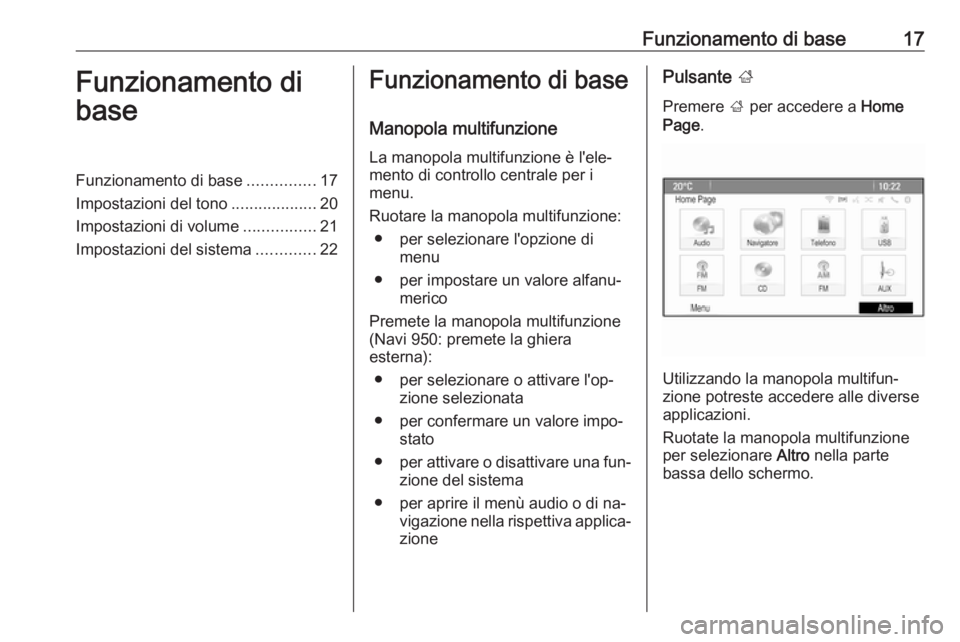 OPEL MOKKA 2016 Manuale del sistema Infotainment (in Italian) Funzionamento di base17Funzionamento di
baseFunzionamento di base ...............17
Impostazioni del tono ...................20
Impostazioni di volume ................21
Impostazioni del sistema ..... OPEL MOKKA 2016 Manuale del sistema Infotainment (in Italian) Funzionamento di base17Funzionamento di
baseFunzionamento di base ...............17
Impostazioni del tono ...................20
Impostazioni di volume ................21
Impostazioni del sistema .....
