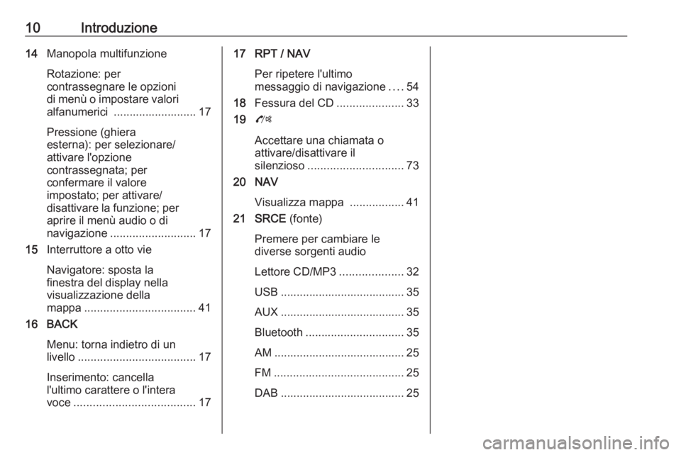 OPEL MOKKA 2016  Manuale del sistema Infotainment (in Italian) 10Introduzione14Manopola multifunzione
Rotazione: per
contrassegnare le opzioni
di menù o impostare valori
alfanumerici  .......................... 17
Pressione (ghiera
esterna): per selezionare/
att