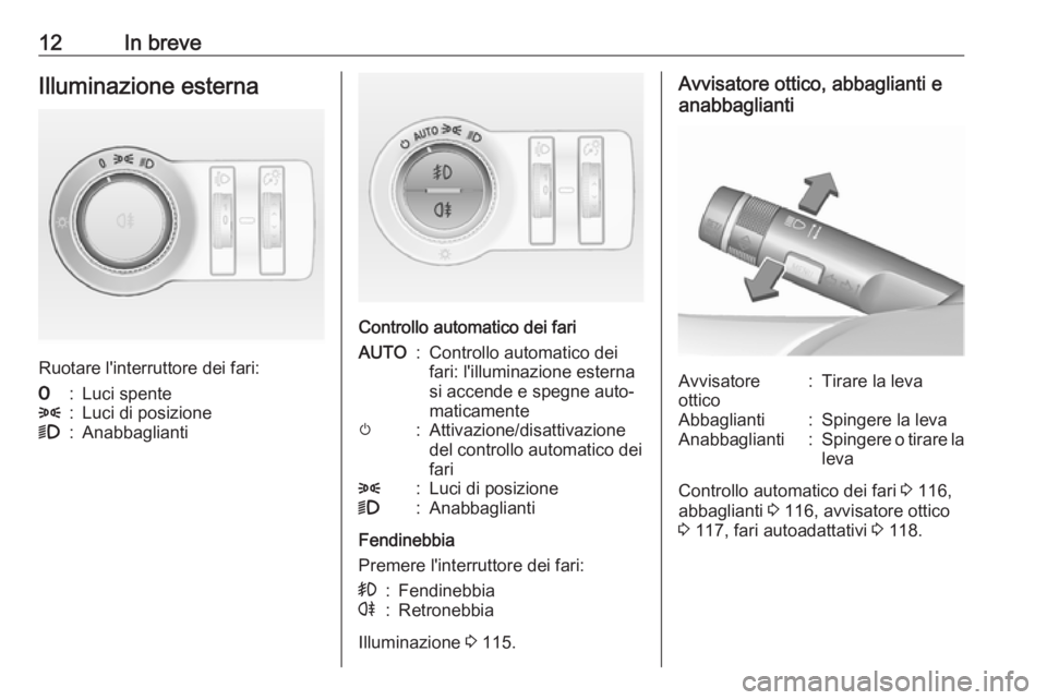 OPEL MOKKA 2016.5  Manuale di uso e manutenzione (in Italian) 12In breveIlluminazione esterna
Ruotare l'interruttore dei fari:
7:Luci spente8:Luci di posizione9:Anabbaglianti
Controllo automatico dei fari
AUTO:Controllo automatico dei
fari: l'illuminazio