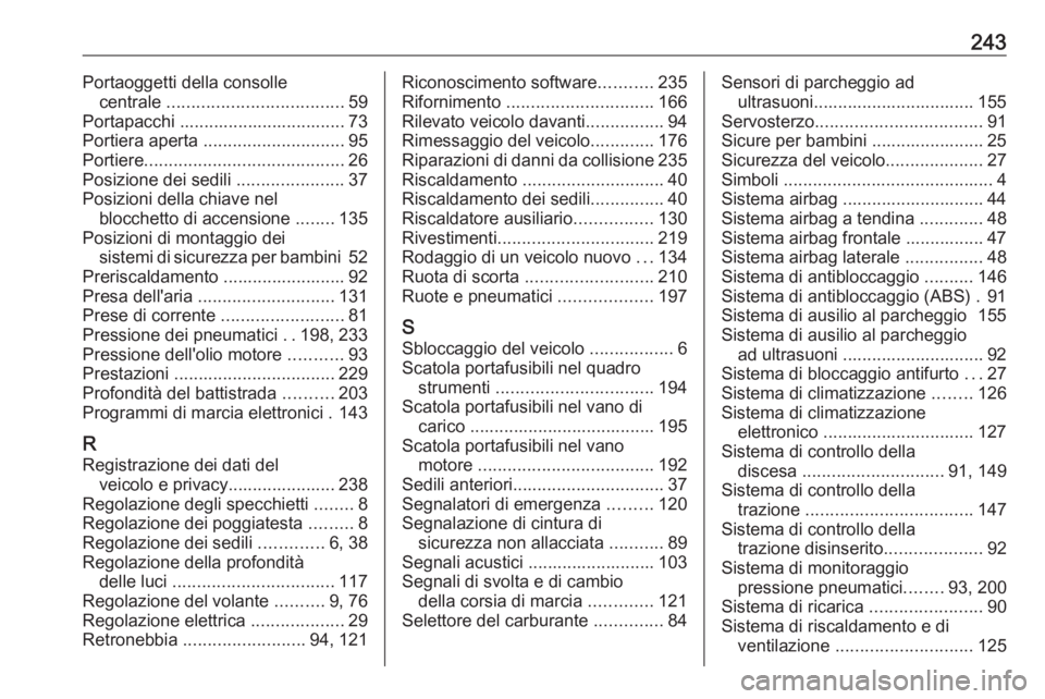 OPEL MOKKA 2016.5  Manuale di uso e manutenzione (in Italian) 243Portaoggetti della consollecentrale  .................................... 59
Portapacchi .................................. 73
Portiera aperta  ............................. 95
Portiere ...........