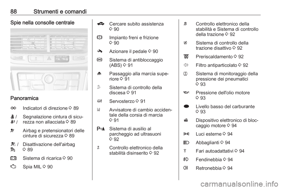 OPEL MOKKA 2016.5  Manuale di uso e manutenzione (in Italian) 88Strumenti e comandiSpie nella consolle centrale
Panoramica
OIndicatori di direzione 3 89X  /
k  /Segnalazione cintura di sicu‐
rezza non allacciata  3 89vAirbag e pretensionatori delle
cinture di 
