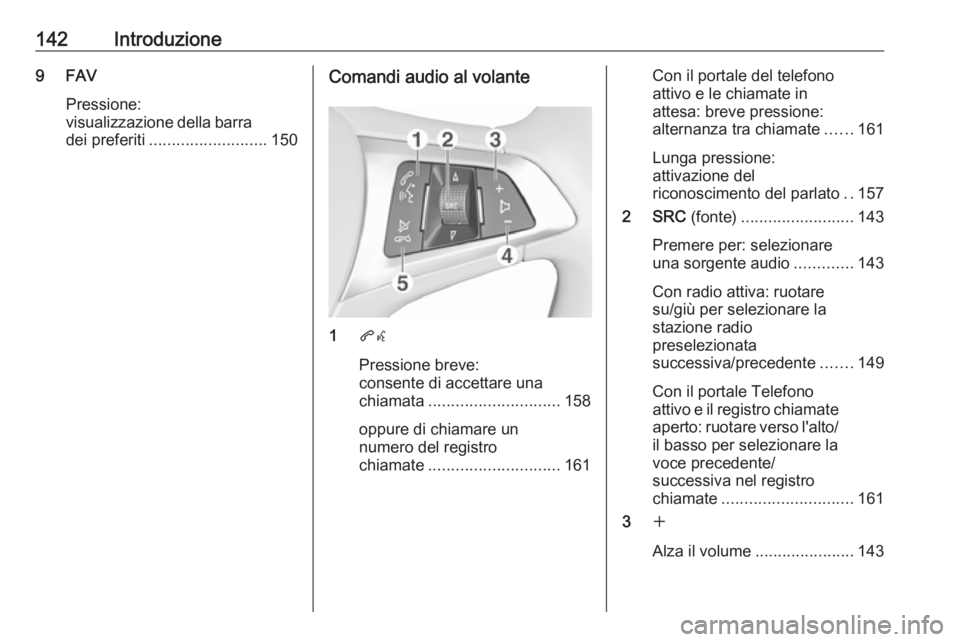 OPEL MOKKA X 2017  Manuale del sistema Infotainment (in Italian) 142Introduzione9 FAVPressione:
visualizzazione della barra
dei preferiti .......................... 150Comandi audio al volante
1qw
Pressione breve:
consente di accettare una
chiamata ................