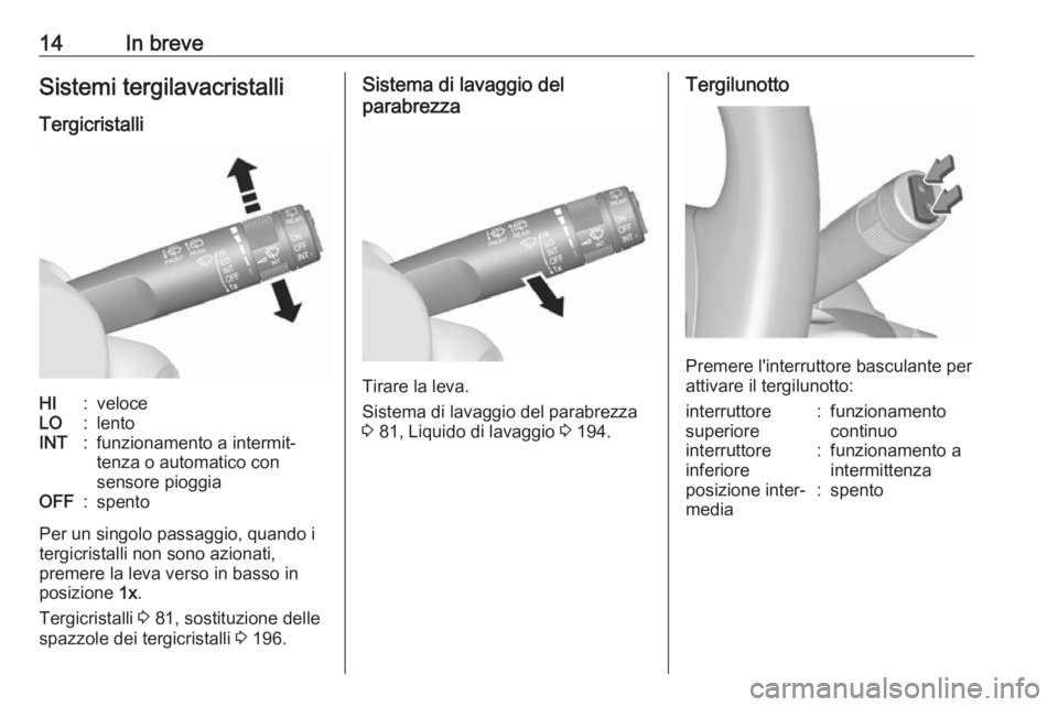OPEL MOKKA X 2017  Manuale di uso e manutenzione (in Italian) 14In breveSistemi tergilavacristalli
TergicristalliHI:veloceLO:lentoINT:funzionamento a intermit‐
tenza o automatico con
sensore pioggiaOFF:spento
Per un singolo passaggio, quando i
tergicristalli n