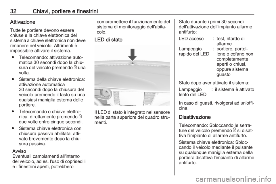 OPEL MOKKA X 2017  Manuale di uso e manutenzione (in Italian) 32Chiavi, portiere e finestriniAttivazioneTutte le portiere devono essere
chiuse e la chiave elettronica del
sistema a chiave elettronica non deve
rimanere nel veicolo. Altrimenti è
impossibile attiv