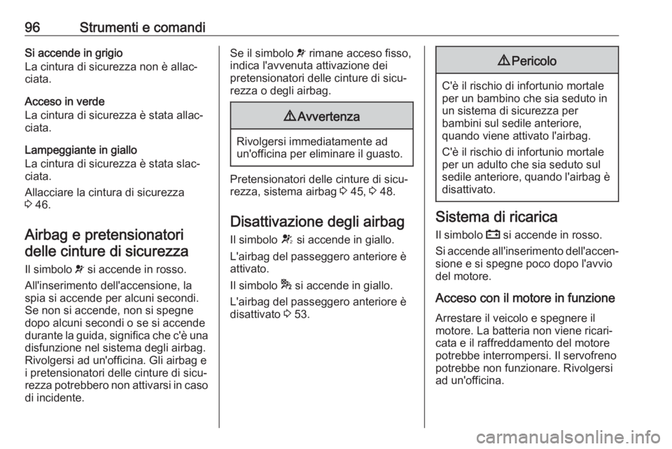 OPEL MOKKA X 2017  Manuale di uso e manutenzione (in Italian) 96Strumenti e comandiSi accende in grigio
La cintura di sicurezza non è allac‐
ciata.
Acceso in verde
La cintura di sicurezza è stata allac‐
ciata.
Lampeggiante in giallo
La cintura di sicurezza