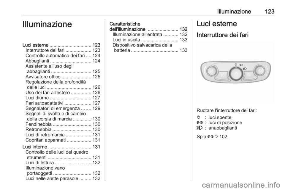 OPEL MOKKA X 2018 Manuale del sistema Infotainment (in Italian) Illuminazione123IlluminazioneLuci esterne............................... 123
Interruttore dei fari ...................123
Controllo automatico dei fari ....124
Abbaglianti ............................ OPEL MOKKA X 2018 Manuale del sistema Infotainment (in Italian) Illuminazione123IlluminazioneLuci esterne............................... 123
Interruttore dei fari ...................123
Controllo automatico dei fari ....124
Abbaglianti ............................