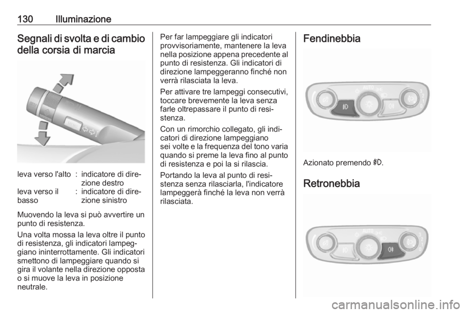 OPEL MOKKA X 2018  Manuale del sistema Infotainment (in Italian) 130IlluminazioneSegnali di svolta e di cambio
della corsia di marcialeva verso l'alto:indicatore di dire‐
zione destroleva verso il
basso:indicatore di dire‐
zione sinistro
Muovendo la leva si