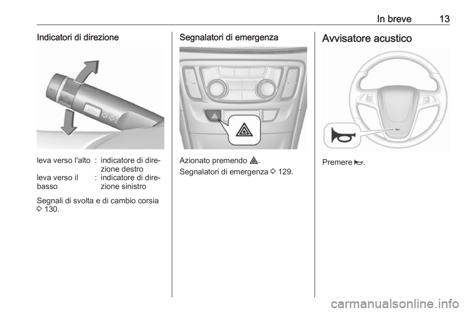OPEL MOKKA X 2018 Manuale del sistema Infotainment (in Italian) In breve13Indicatori di direzioneleva verso l'alto:indicatore di dire‐
zione destroleva verso il
basso:indicatore di dire‐
zione sinistro
Segnali di svolta e di cambio corsia
3 130.
Segnalato OPEL MOKKA X 2018 Manuale del sistema Infotainment (in Italian) In breve13Indicatori di direzioneleva verso l'alto:indicatore di dire‐
zione destroleva verso il
basso:indicatore di dire‐
zione sinistro
Segnali di svolta e di cambio corsia
3 130.
Segnalato
