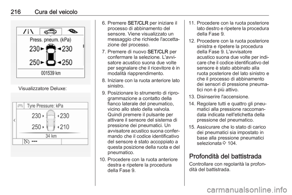 OPEL MOKKA X 2018 Manuale del sistema Infotainment (in Italian) 216Cura del veicolo
Visualizzatore Deluxe:
6. Premere SET/CLR per iniziare il
processo di abbinamento del
sensore. Viene visualizzato un
messaggio che richiede l'accetta‐
zione del processo.
7. OPEL MOKKA X 2018 Manuale del sistema Infotainment (in Italian) 216Cura del veicolo
Visualizzatore Deluxe:
6. Premere SET/CLR per iniziare il
processo di abbinamento del
sensore. Viene visualizzato un
messaggio che richiede l'accetta‐
zione del processo.
7.