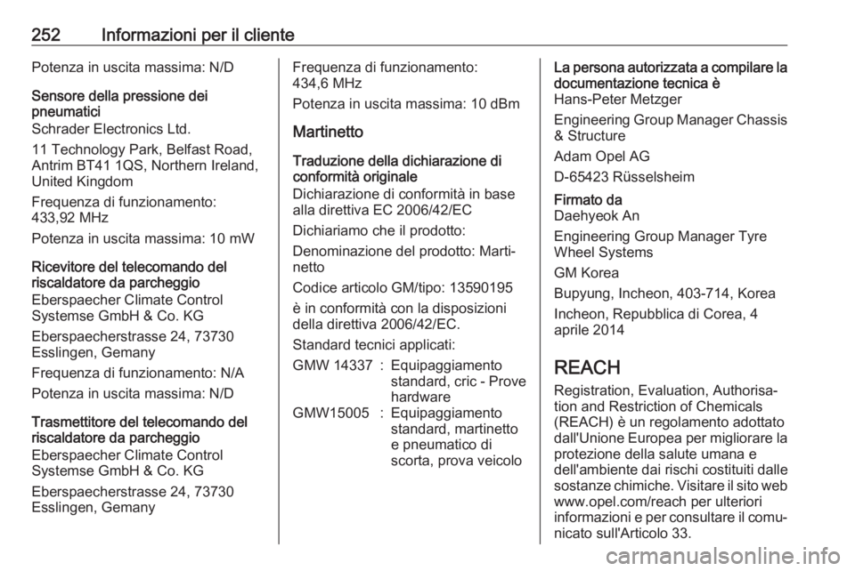 OPEL MOKKA X 2018  Manuale del sistema Infotainment (in Italian) 252Informazioni per il clientePotenza in uscita massima: N/D
Sensore della pressione dei
pneumatici
Schrader Electronics Ltd.
11 Technology Park, Belfast Road,
Antrim BT41 1QS, Northern Ireland,
Unite