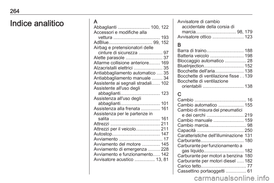OPEL MOKKA X 2018.5 Manuale del sistema Infotainment (in Italian) 264Indice analiticoAAbbaglianti ......................... 100, 122
Accessori e modifiche alla vettura .................................... 193
AdBlue .................................. 99, 152
Airba OPEL MOKKA X 2018.5 Manuale del sistema Infotainment (in Italian) 264Indice analiticoAAbbaglianti ......................... 100, 122
Accessori e modifiche alla vettura .................................... 193
AdBlue .................................. 99, 152
Airba