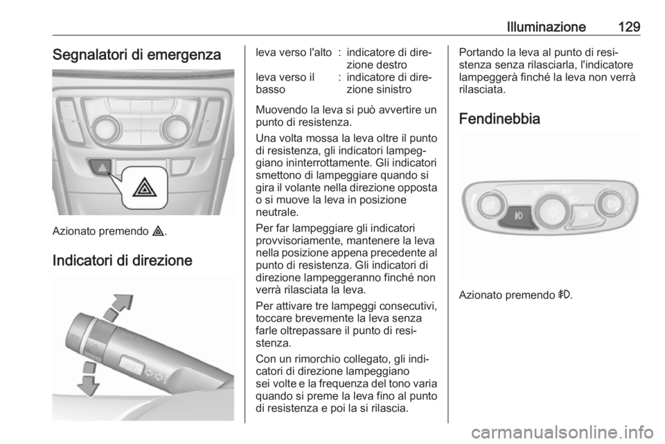 OPEL MOKKA X 2019 Manuale di uso e manutenzione (in Italian) Illuminazione129Segnalatori di emergenza
Azionato premendo ¨.
Indicatori di direzione
leva verso l'alto:indicatore di dire‐
zione destroleva verso il
basso:indicatore di dire‐
zione sinistro
OPEL MOKKA X 2019 Manuale di uso e manutenzione (in Italian) Illuminazione129Segnalatori di emergenza
Azionato premendo ¨.
Indicatori di direzione
leva verso l'alto:indicatore di dire‐
zione destroleva verso il
basso:indicatore di dire‐
zione sinistro