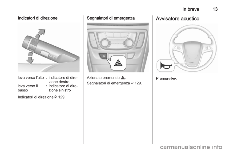 OPEL MOKKA X 2019 Manuale di uso e manutenzione (in Italian) In breve13Indicatori di direzioneleva verso l'alto:indicatore di dire‐
zione destroleva verso il
basso:indicatore di dire‐
zione sinistro
Indicatori di direzione 3 129.
Segnalatori di emergen OPEL MOKKA X 2019 Manuale di uso e manutenzione (in Italian) In breve13Indicatori di direzioneleva verso l'alto:indicatore di dire‐
zione destroleva verso il
basso:indicatore di dire‐
zione sinistro
Indicatori di direzione 3 129.
Segnalatori di emergen