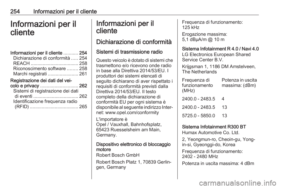 OPEL MOKKA X 2019 Manuale di uso e manutenzione (in Italian) 254Informazioni per il clienteInformazioni per il
clienteInformazioni per il cliente ...........254
Dichiarazione di conformità .....254
REACH .................................... 258
Riconoscimento OPEL MOKKA X 2019 Manuale di uso e manutenzione (in Italian) 254Informazioni per il clienteInformazioni per il
clienteInformazioni per il cliente ...........254
Dichiarazione di conformità .....254
REACH .................................... 258
Riconoscimento