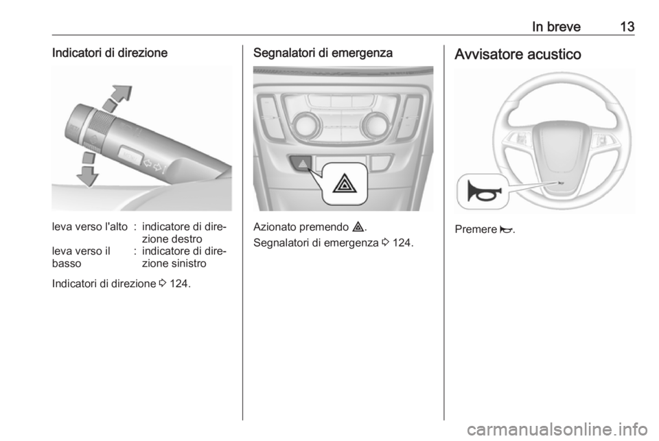 OPEL MOKKA X 2019.5 Manuale di uso e manutenzione (in Italian) In breve13Indicatori di direzioneleva verso l'alto:indicatore di dire‐
zione destroleva verso il
basso:indicatore di dire‐
zione sinistro
Indicatori di direzione 3 124.
Segnalatori di emergen OPEL MOKKA X 2019.5 Manuale di uso e manutenzione (in Italian) In breve13Indicatori di direzioneleva verso l'alto:indicatore di dire‐
zione destroleva verso il
basso:indicatore di dire‐
zione sinistro
Indicatori di direzione 3 124.
Segnalatori di emergen