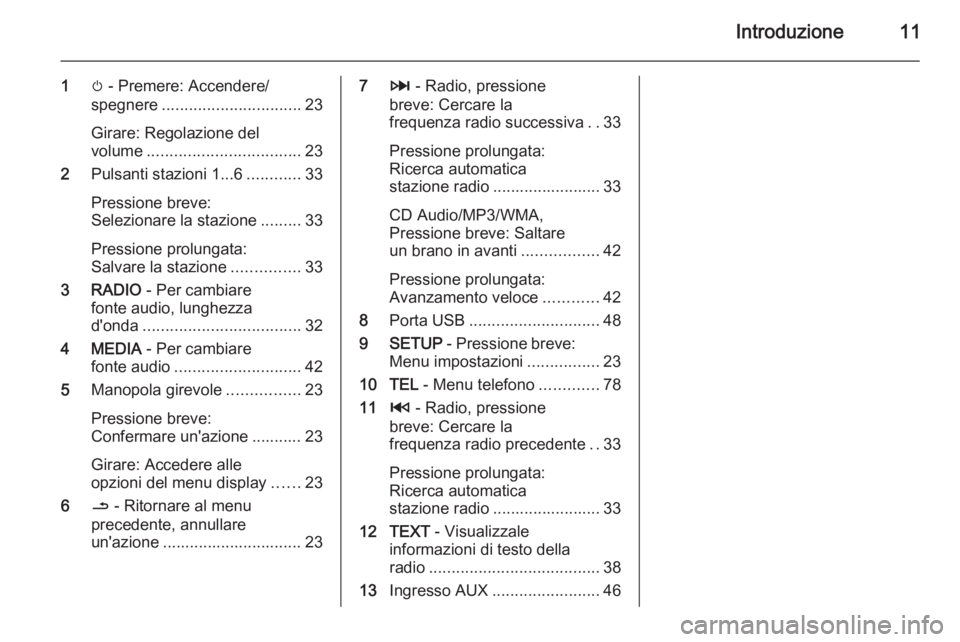 OPEL VIVARO B 2014.5 Manuale del sistema Infotainment (in Italian) Introduzione11
1m - Premere: Accendere/
spegnere ............................... 23
Girare: Regolazione del
volume .................................. 23
2 Pulsanti stazioni 1...6 ............33
Pressi OPEL VIVARO B 2014.5 Manuale del sistema Infotainment (in Italian) Introduzione11
1m - Premere: Accendere/
spegnere ............................... 23
Girare: Regolazione del
volume .................................. 23
2 Pulsanti stazioni 1...6 ............33
Pressi