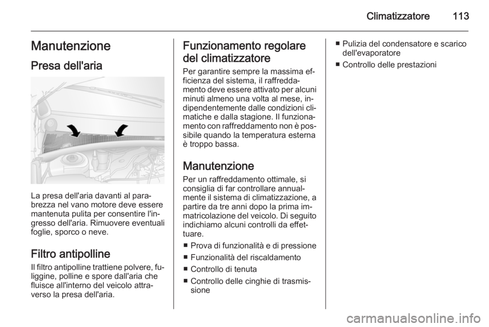 OPEL MOVANO_B 2015  Manuale di uso e manutenzione (in Italian) Climatizzatore113Manutenzione
Presa dell'aria
La presa dell'aria davanti al para‐
brezza nel vano motore deve essere
mantenuta pulita per consentire l'in‐
gresso dell'aria. Rimuove