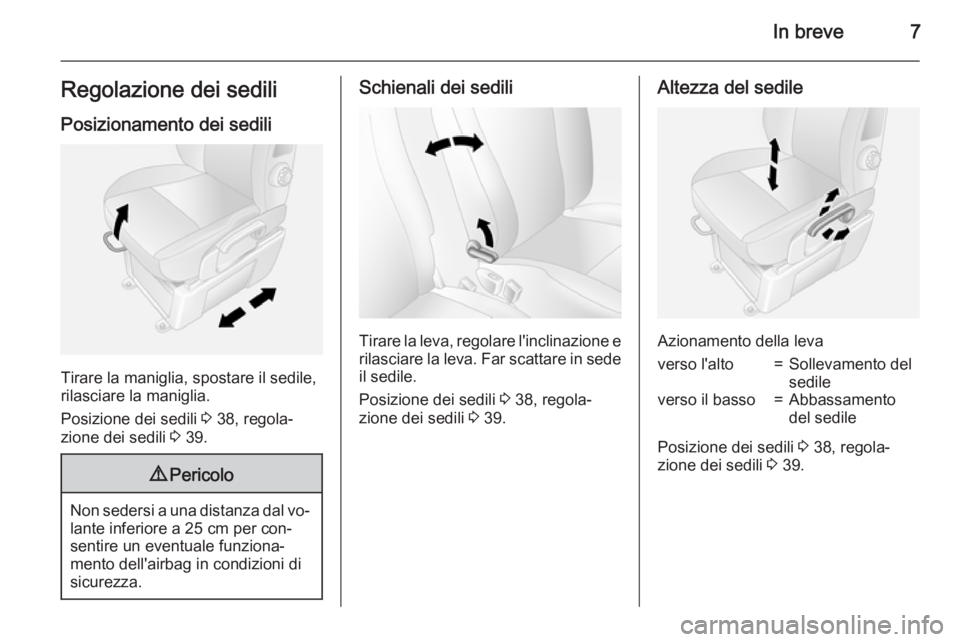 OPEL MOVANO_B 2015  Manuale di uso e manutenzione (in Italian) In breve7Regolazione dei sediliPosizionamento dei sedili
Tirare la maniglia, spostare il sedile,
rilasciare la maniglia.
Posizione dei sedili  3 38, regola‐
zione dei sedili  3 39.
9 Pericolo
Non se