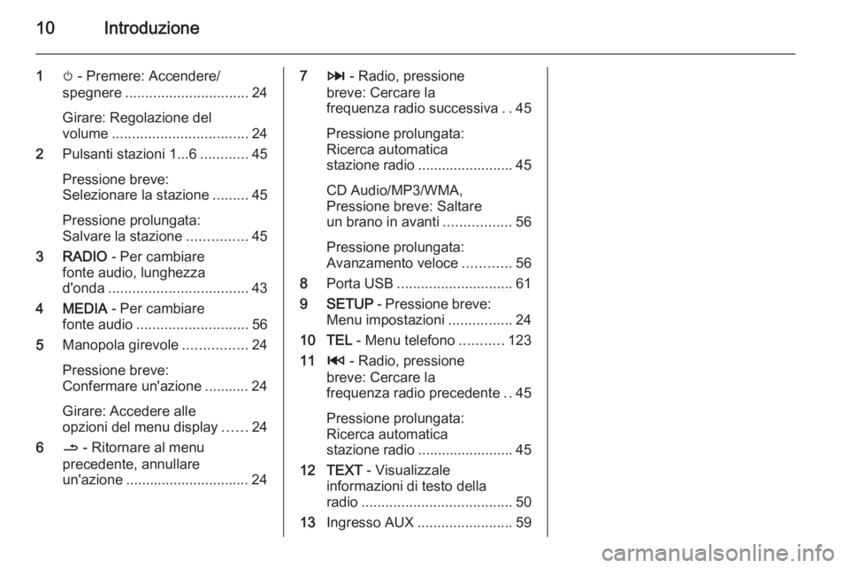 OPEL MOVANO_B 2015.5  Manuale del sistema Infotainment (in Italian) 10Introduzione
1m - Premere: Accendere/
spegnere ............................... 24
Girare: Regolazione del
volume .................................. 24
2 Pulsanti stazioni 1...6 ............45
Pressi