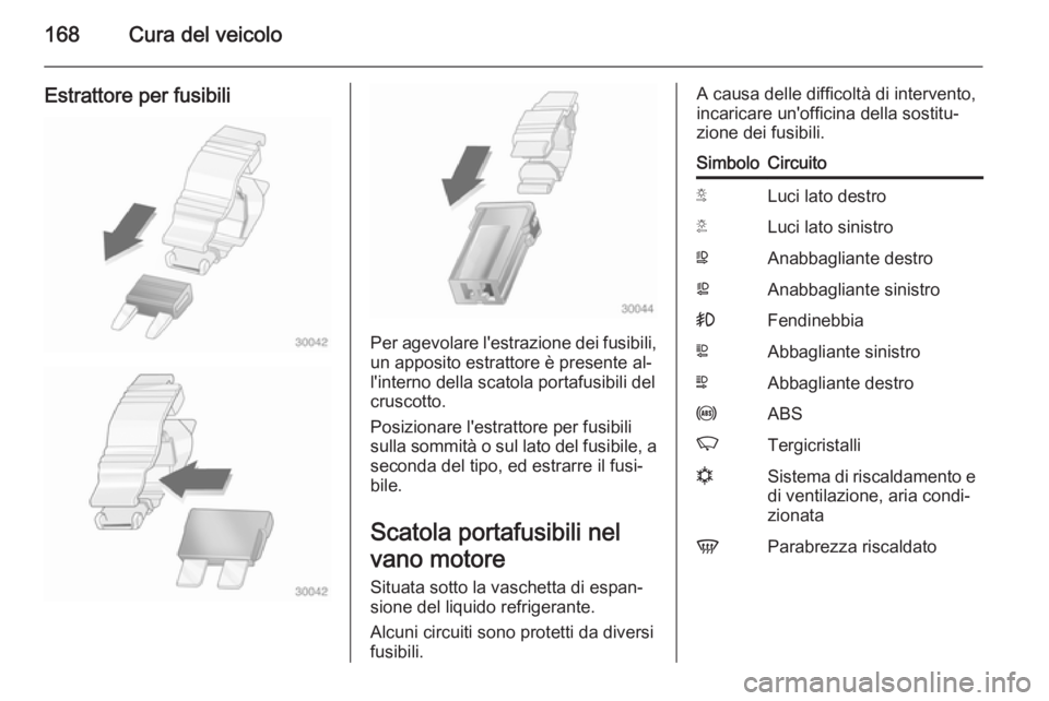 OPEL MOVANO_B 2015.5  Manuale di uso e manutenzione (in Italian) 168Cura del veicolo
Estrattore per fusibili
Per agevolare l'estrazione dei fusibili,un apposito estrattore è presente al‐
l'interno della scatola portafusibili del
cruscotto.
Posizionare l&