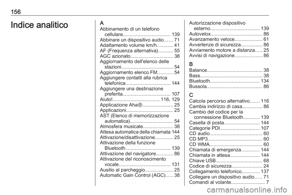 OPEL VIVARO B 2016 Manuale del sistema Infotainment (in Italian) 156Indice analiticoAAbbinamento di un telefono cellulare ................................... 139
Abbinare un dispositivo audio ......71
Adattamento volume km/h ............41
AF (Frequenza alternativa OPEL VIVARO B 2016 Manuale del sistema Infotainment (in Italian) 156Indice analiticoAAbbinamento di un telefono cellulare ................................... 139
Abbinare un dispositivo audio ......71
Adattamento volume km/h ............41
AF (Frequenza alternativa