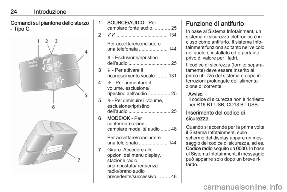 OPEL VIVARO B 2016  Manuale del sistema Infotainment (in Italian) 24IntroduzioneComandi sul piantone dello sterzo
- Tipo C1 SOURCE/AUDIO  - Per
cambiare fonte audio ............25
2 78 ...................................... 134
Per accettare/concludere
una telefonat