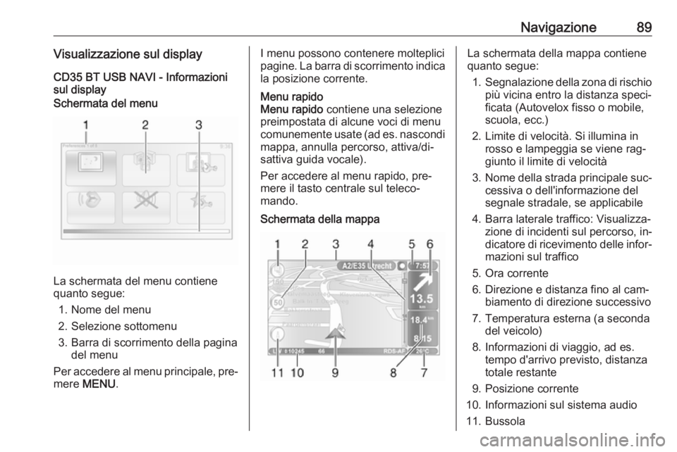 OPEL VIVARO B 2016  Manuale del sistema Infotainment (in Italian) Navigazione89Visualizzazione sul displayCD35 BT USB NAVI - Informazioni
sul displaySchermata del menu
La schermata del menu contiene
quanto segue:
1. Nome del menu
2. Selezione sottomenu
3. Barra di s