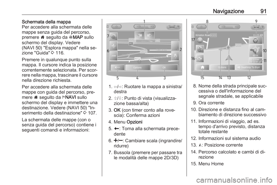 OPEL VIVARO B 2016  Manuale del sistema Infotainment (in Italian) Navigazione91Schermata della mappa
Per accedere alla schermata delle
mappe senza guida del percorso,
premere  7 seguito da  sMAP  sullo
schermo del display. Vedere
(NAVI 50) "Esplora mappa" ne