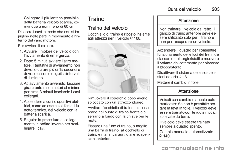 OPEL MOVANO_B 2016  Manuale di uso e manutenzione (in Italian) Cura del veicolo203Collegare il più lontano possibile
dalla batteria veicolo scarica, co‐
munque a non meno di 60 cm.
Disporre i cavi in modo che non si im‐
piglino nelle parti in movimento all&#