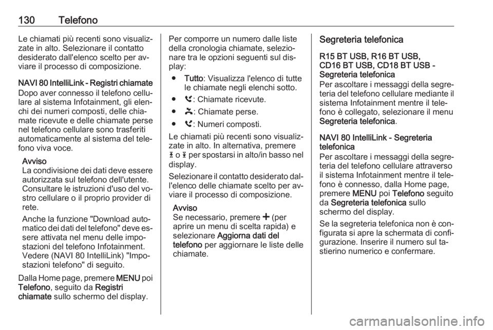 OPEL VIVARO B 2016.5 Manuale del sistema Infotainment (in Italian) 130TelefonoLe chiamati più recenti sono visualiz‐
zate in alto. Selezionare il contatto
desiderato dall'elenco scelto per av‐
viare il processo di composizione.
NAVI 80 IntelliLink - Registri OPEL VIVARO B 2016.5 Manuale del sistema Infotainment (in Italian) 130TelefonoLe chiamati più recenti sono visualiz‐
zate in alto. Selezionare il contatto
desiderato dall'elenco scelto per av‐
viare il processo di composizione.
NAVI 80 IntelliLink - Registri