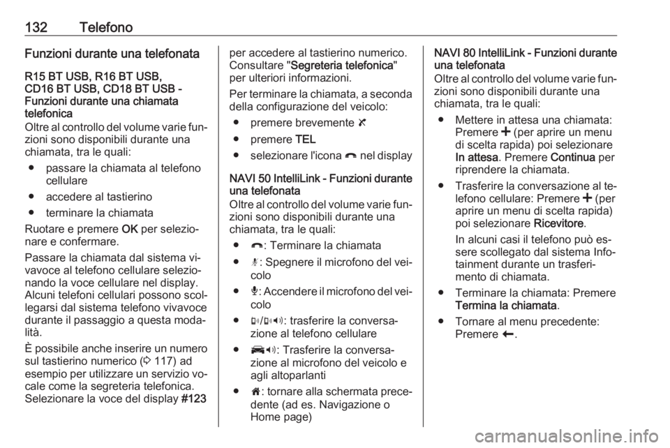 OPEL VIVARO B 2016.5  Manuale del sistema Infotainment (in Italian) 132TelefonoFunzioni durante una telefonata
R15 BT USB, R16 BT USB,
CD16 BT USB, CD18 BT USB -
Funzioni durante una chiamata
telefonica
Oltre al controllo del volume varie fun‐ zioni sono disponibili