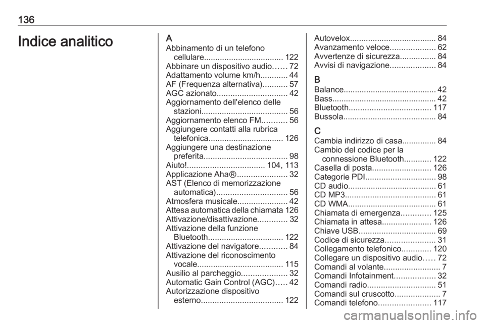 OPEL VIVARO B 2016.5 Manuale del sistema Infotainment (in Italian) 136Indice analiticoAAbbinamento di un telefono cellulare ................................... 122
Abbinare un dispositivo audio ......72
Adattamento volume km/h ............44
AF (Frequenza alternativa OPEL VIVARO B 2016.5 Manuale del sistema Infotainment (in Italian) 136Indice analiticoAAbbinamento di un telefono cellulare ................................... 122
Abbinare un dispositivo audio ......72
Adattamento volume km/h ............44
AF (Frequenza alternativa