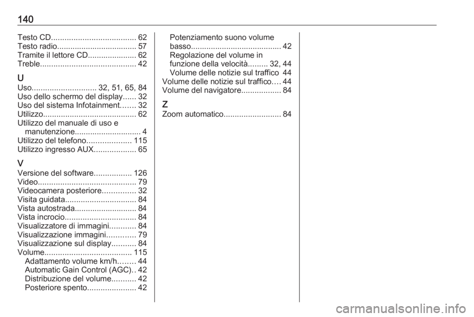 OPEL VIVARO B 2016.5  Manuale del sistema Infotainment (in Italian) 140Testo CD...................................... 62
Testo radio.................................... 57
Tramite il lettore CD...................... 62
Treble ..........................................