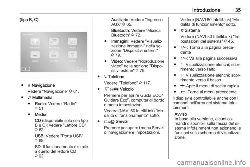 OPEL MOVANO_B 2016.5  Manuale del sistema Infotainment (in Italian) Introduzione35(tipo B, C)
● ⇑ Navigazione
Vedere "Navigazione"  3 81.
● t Multimedia :
● Radio : Vedere "Radio"
3  51.
● Media :
CD  (disponibile solo con tipo
B e C): vedere