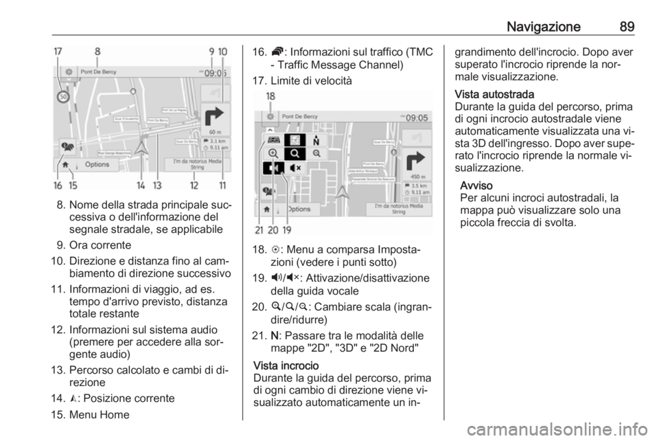 OPEL VIVARO B 2016.5  Manuale del sistema Infotainment (in Italian) Navigazione89
8.Nome della strada principale suc‐
cessiva o dell'informazione del
segnale stradale, se applicabile
9. Ora corrente
10. Direzione e distanza fino al cam‐ biamento di direzione s