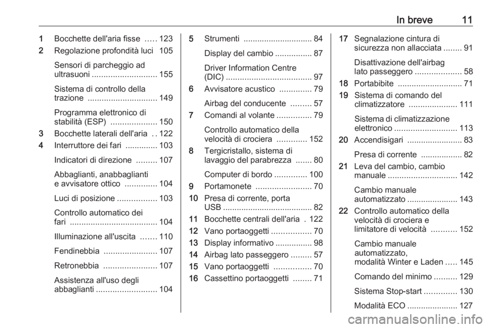 OPEL MOVANO_B 2016.5  Manuale di uso e manutenzione (in Italian) In breve111Bocchette dell'aria fisse  .....123
2 Regolazione profondità luci  105
Sensori di parcheggio ad
ultrasuoni ............................ 155
Sistema di controllo della
trazione  .......