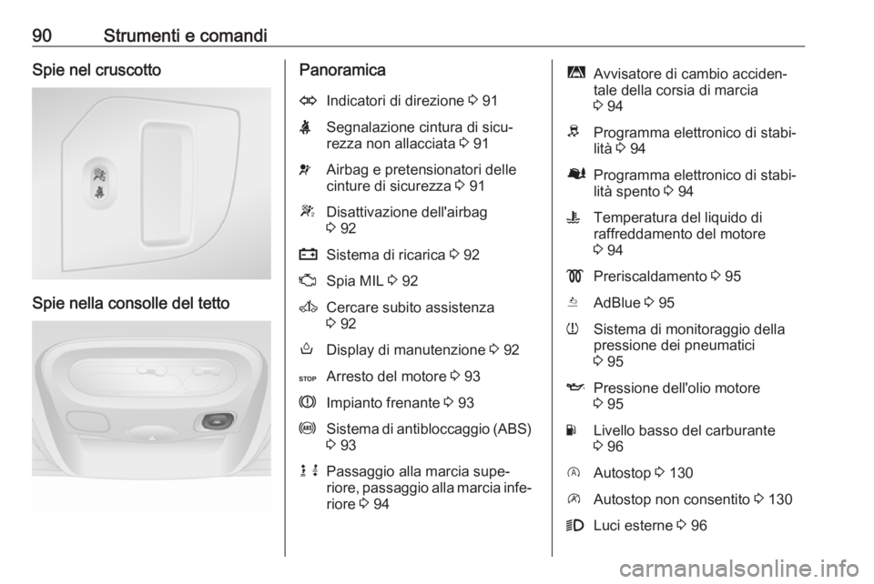 OPEL MOVANO_B 2016.5  Manuale di uso e manutenzione (in Italian) 90Strumenti e comandiSpie nel cruscotto
Spie nella consolle del tetto
PanoramicaOIndicatori di direzione 3 91XSegnalazione cintura di sicu‐
rezza non allacciata  3 91vAirbag e pretensionatori delle
